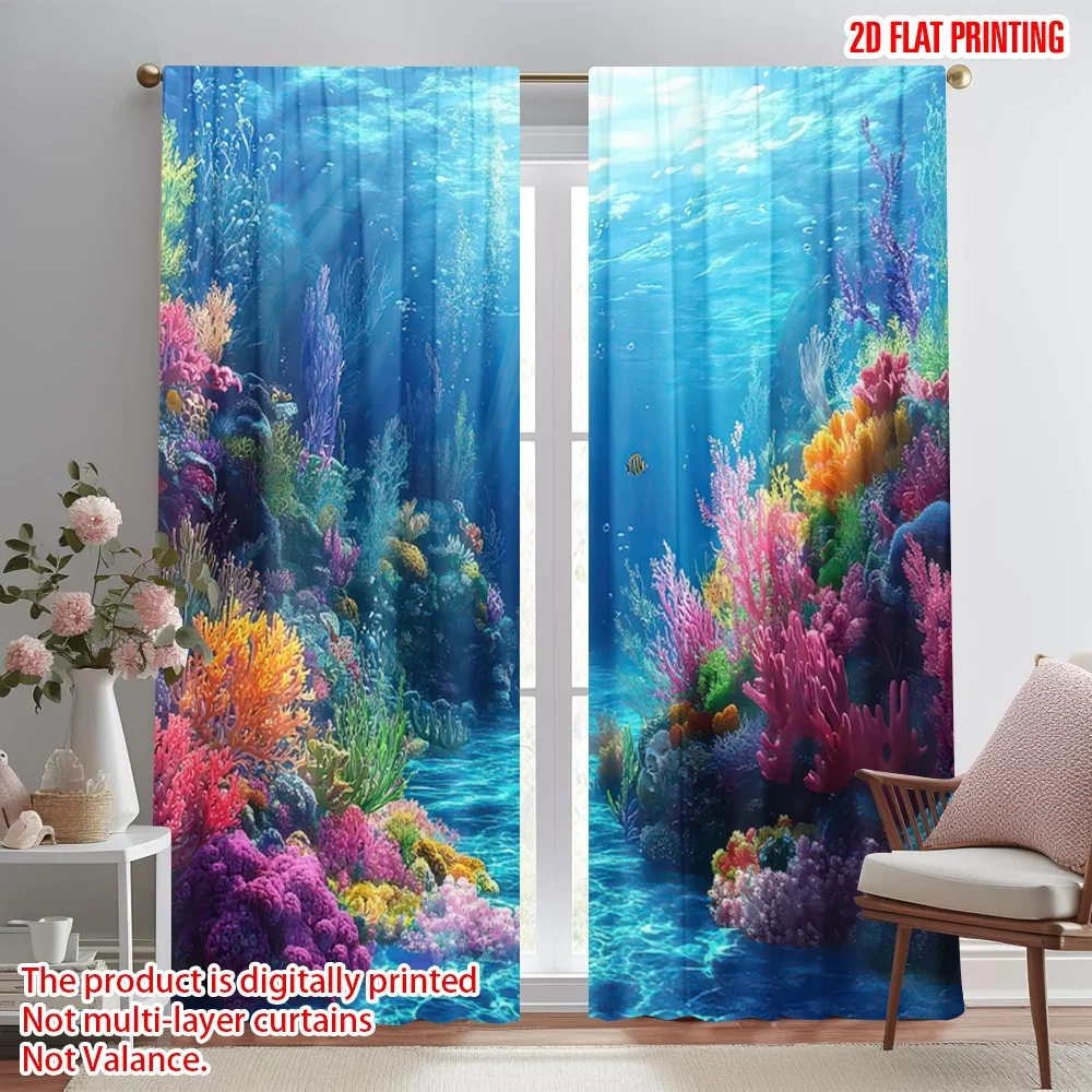 

2D flat printing 2pcs Party Curtains Colorful Underwater Reef Digital Printed Polyester Drapes Festive Curtains for Festive and