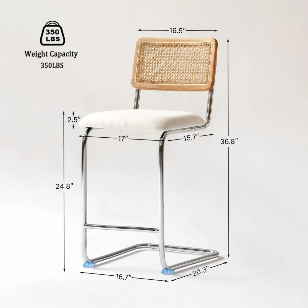 Natural Rattan Counter Height Stools Set of 4 with Solid Wood Back, for Kitchen Counter with Chrome Metal Legs,White