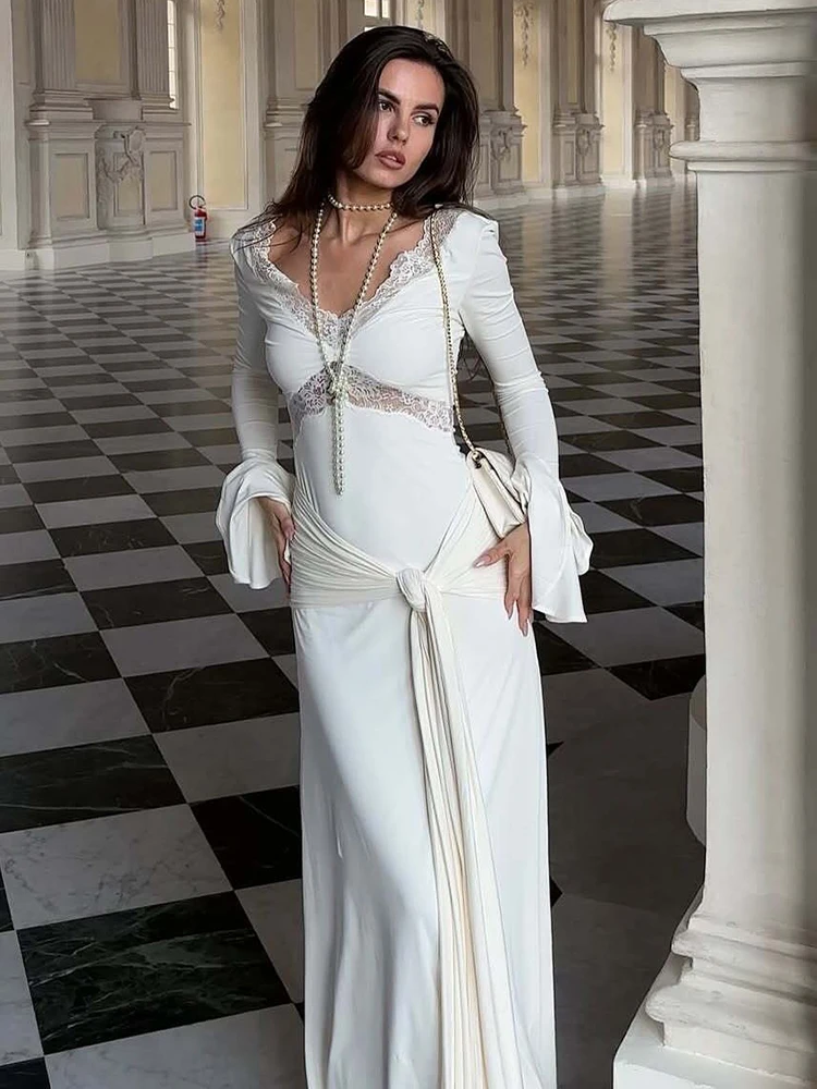 

Вечернее изысканное романтическое бежевое платье с рюшами и длинными рукавами, с кружевом и V-образным вырезом, платье макси для выпускного вечера