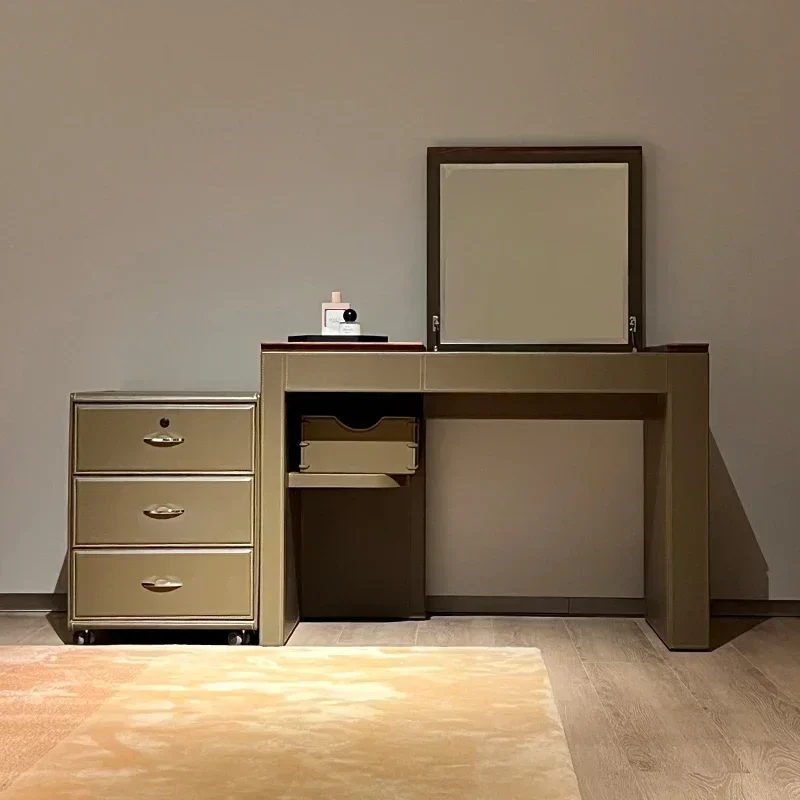 Customized Italian minimalist dressing table light luxury saddle leather hard leather flip mirror bedroom high-end dressing tabl