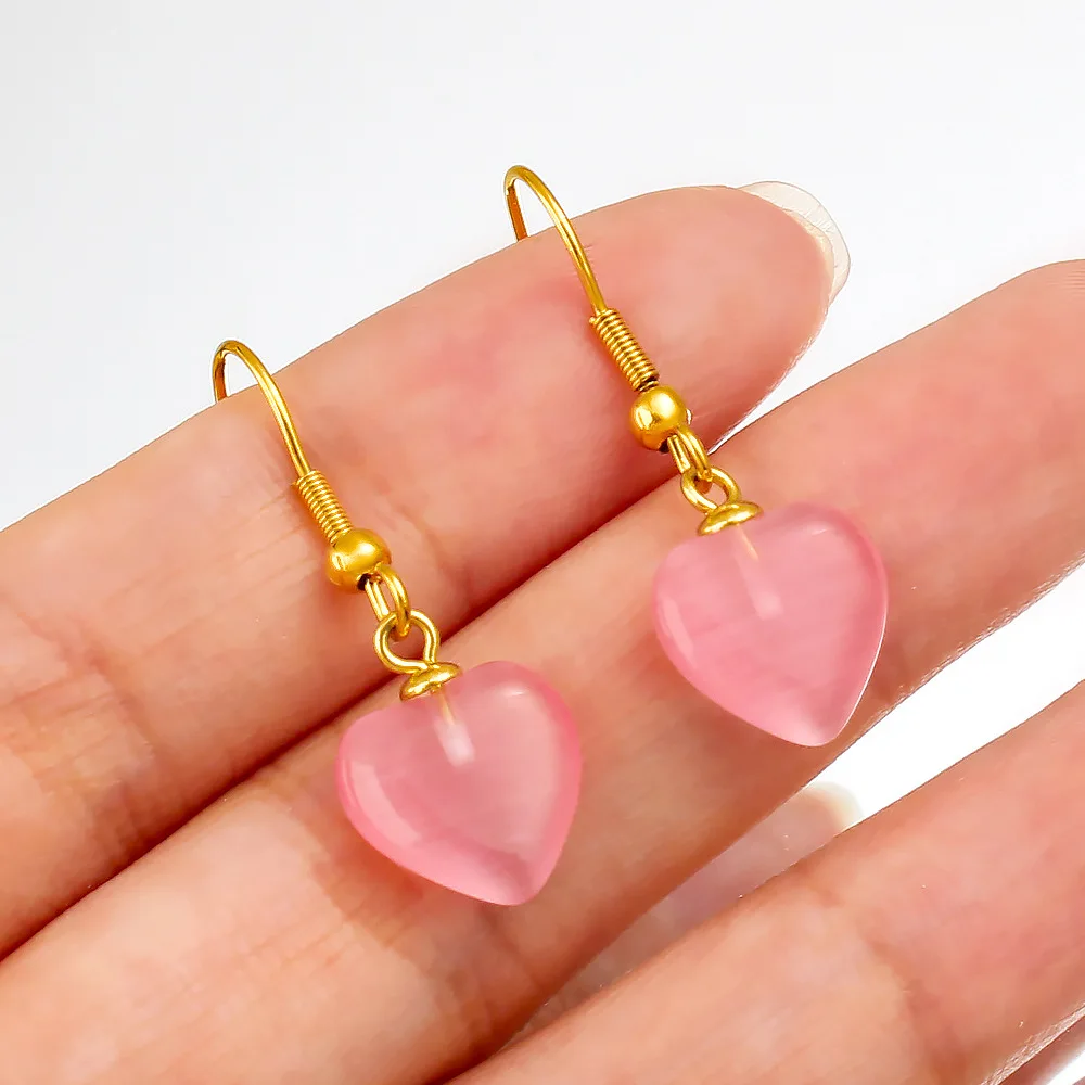 الفرنسية خمر الحجر الطبيعي عين القط قلادة الأقراط مع السنانير على شكل قلب، القلب الخوخ، الأقراط النمط الصيني #3