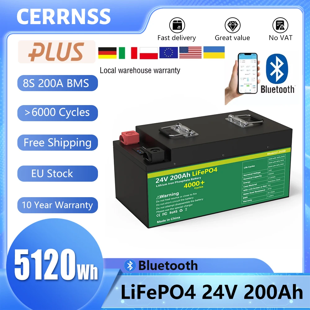 LiFePO4 24V 100AH 200AH 300AH Battery Pack 25.6V Lithium Battery 6000+ Cycle With Bluetooth BMS Grand A Cells For Boat EU STOCK