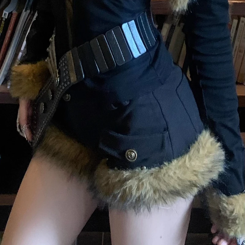 Punk Dark Gothic Sweet Cool Sexy Women's Clothing Original Design Autumn Winter Hot Girl Rivet Furry Spliccing Shorts Ladies