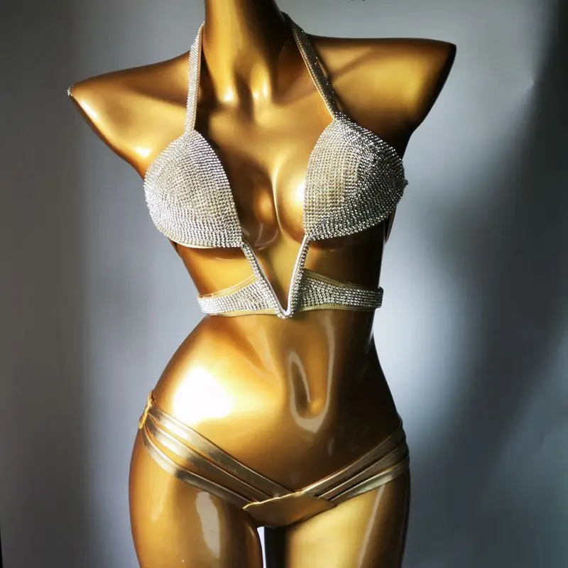 

Роскошный купальник с камнями 2024, сексуальный блестящий комплект из 2 предметов для ночных клубов, премиум-класс, с вырезами, V-образным вырезом, на бретельках, без спинки