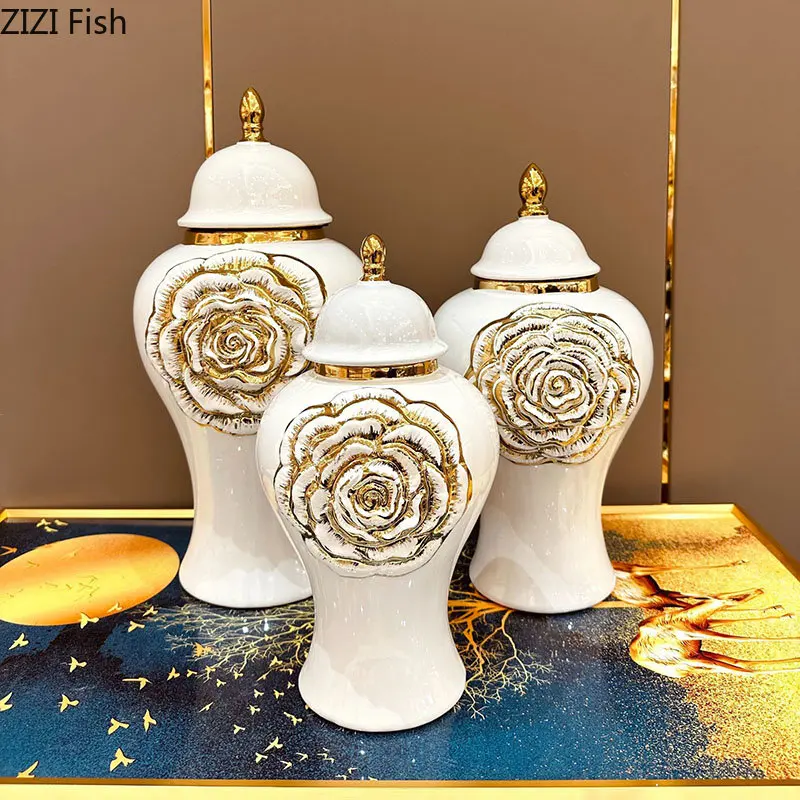 

Golden Rose Relief Ceramic Storage Tank Gold-plated Porcelain Ginger Jar Dresser Table Jewelry Organizer Box Cosmetics Container