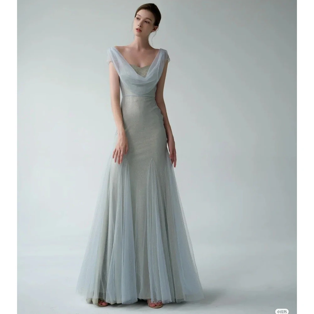 Light Blue Cowl Neck Mermaid Evening Dress Sheer Glitter Tulle Formal Gown for Women Elegant Party Prom Wedding Guest Dresses