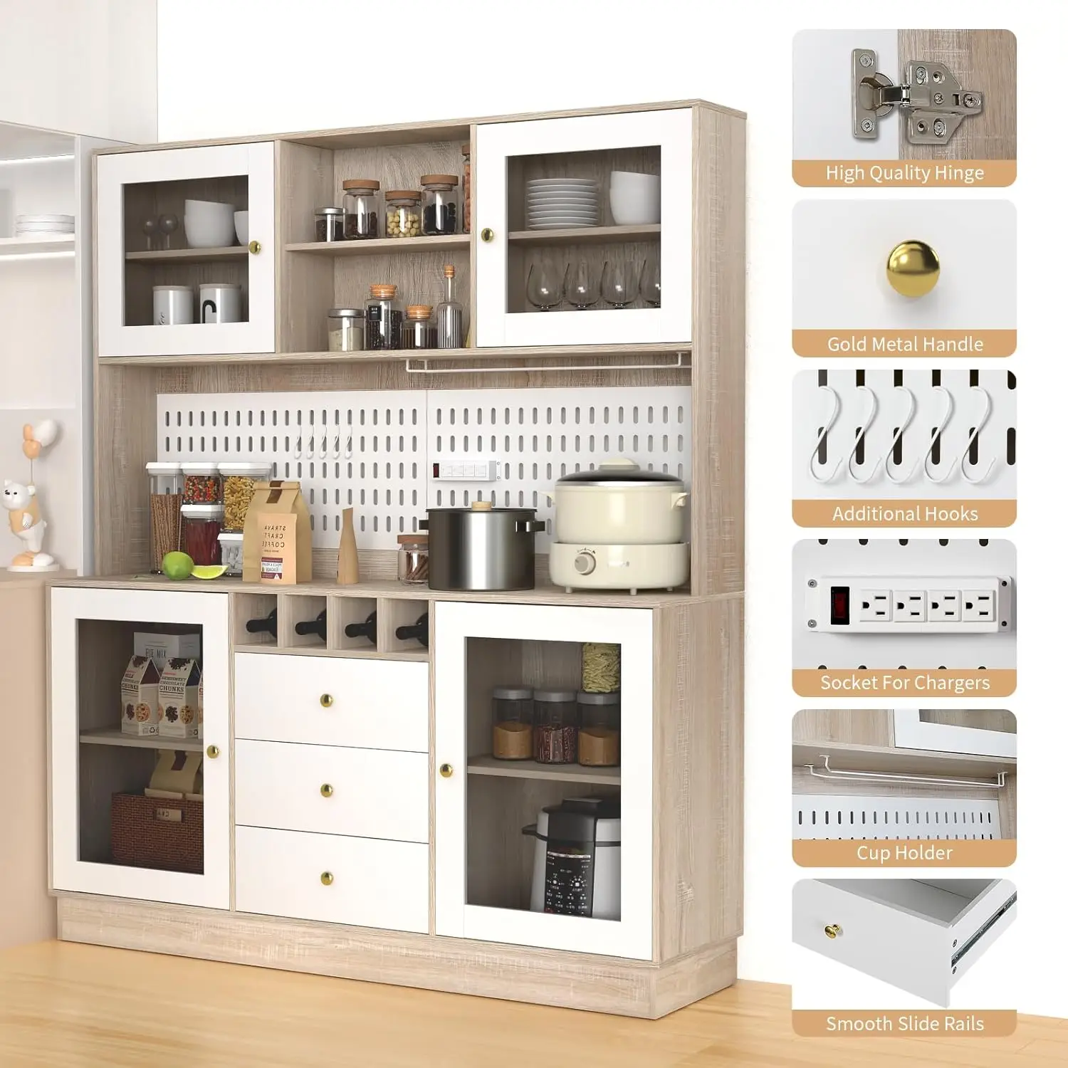 Freestanding Buffet Hutch with Pegboard, Cup Holder, Power Outlet, 4 Doors & 3 Drawers, Cupboard with Microwave Shelf & Wine