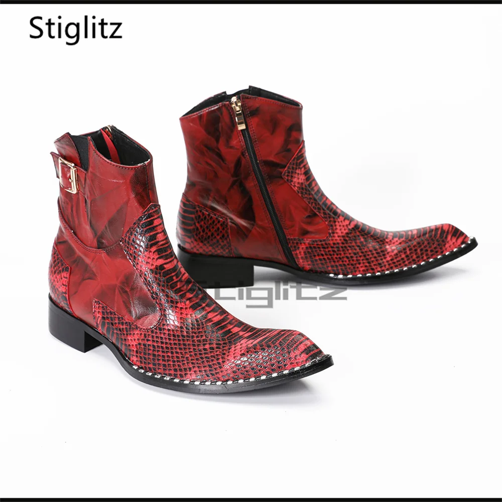 

Men's Red Patchwork Leather Chelsea Boots Genuine Cowhide Snake Prints Pointed Toe Low Heel Ankle Boots British Style Male Shoes