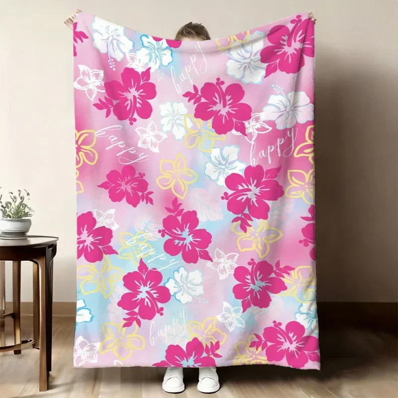 Pink Blue Gradient Hibiscus Happy Fleece Blanket For Tropical Bedroom Decor Lightweight Plush Throw Blanket Accent