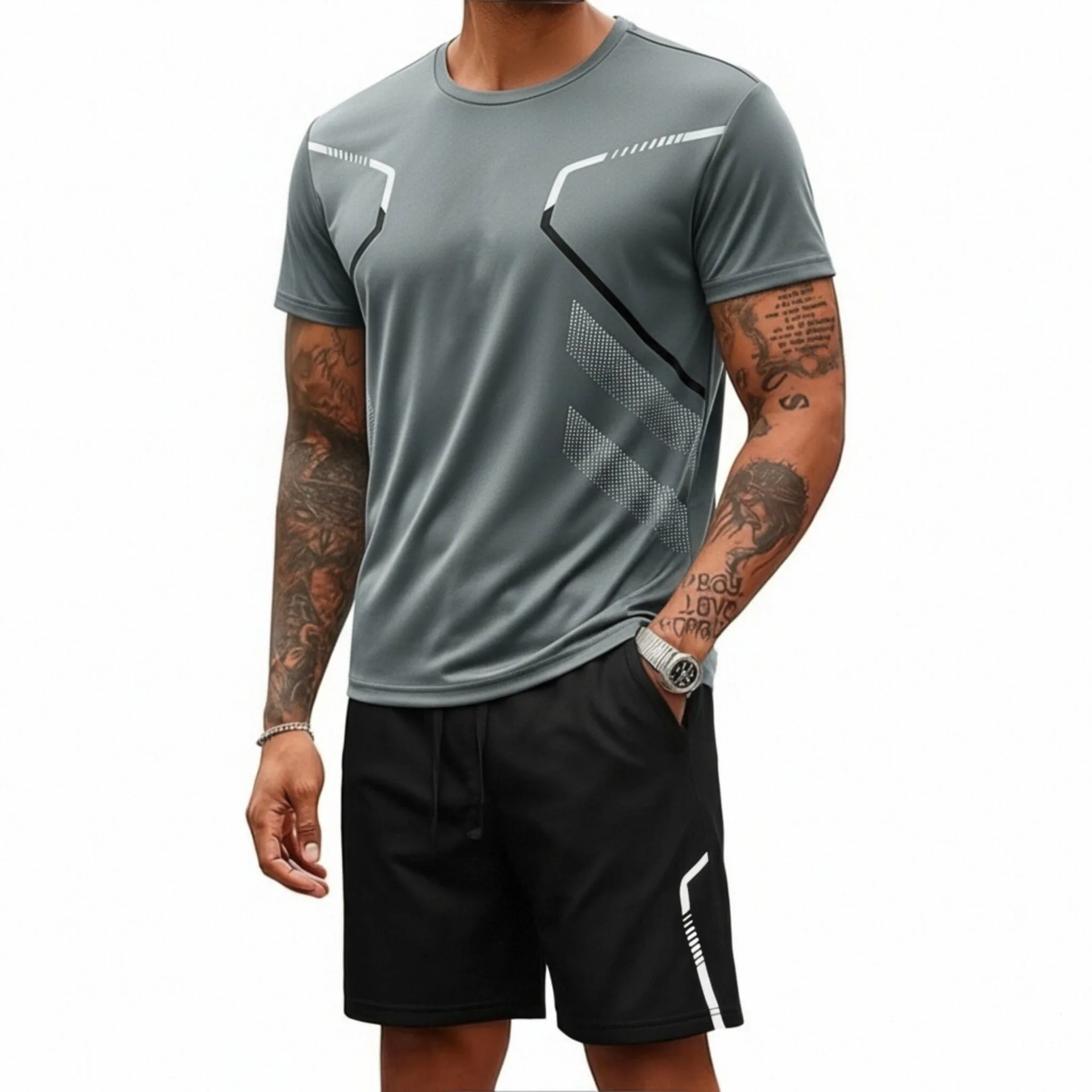 

2 Piece Four Seasons Men's Short Sleeve Set Printed Quick Drying T-shirt for Youth Sports Fitness Running Comfortable and Casual