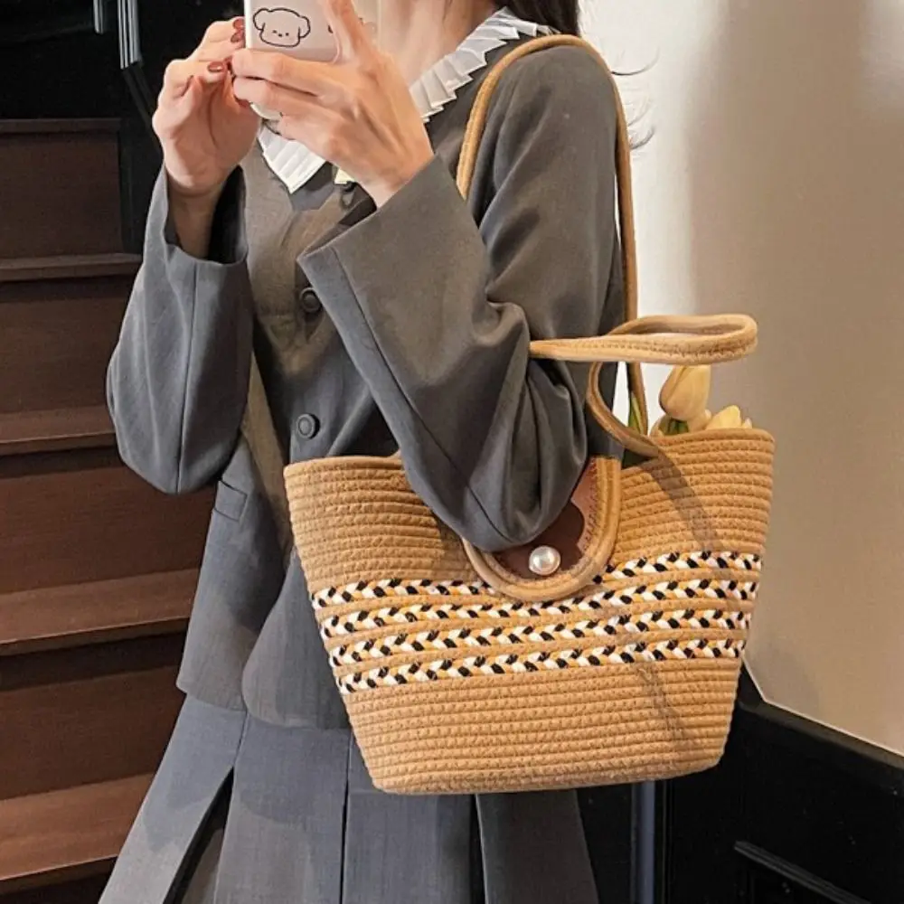 

Плетеная соломенная сумка на пуговицах, большая вместительная плетеная сумка для подмышек, пляжная сумка-ведро, вязаная сумка на плечо для девочек