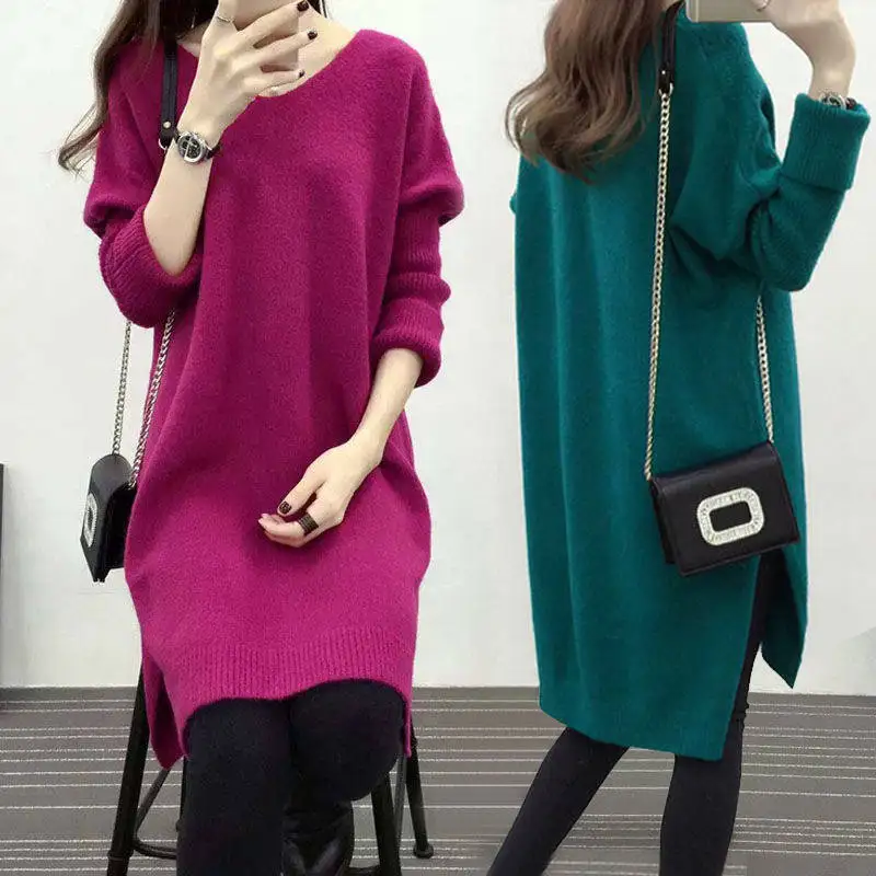 Autumn Winter Solid Color V-Neck Loose Lengthen Tops Fashion Women\'s Clothing Korean All-match Long Sleeve Split Knitted T-shirt