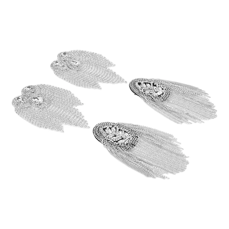 

4 Pieces Crystal Fringe Epaulets Rhinestone Plate Epaulets Clothing Decor Silver