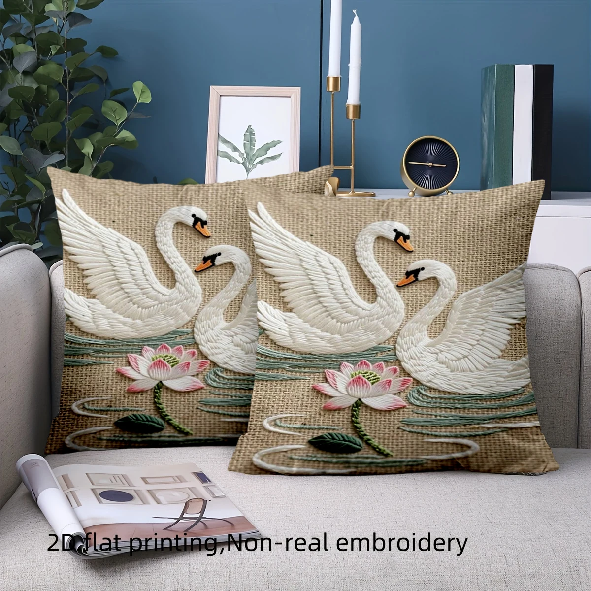 1 المخدة 2D الطباعة المسطحة المطرزة سوان نمط الخيش نمط وسادة البوليستر المخدة أريكة غطاء الوسادة الزخرفية
