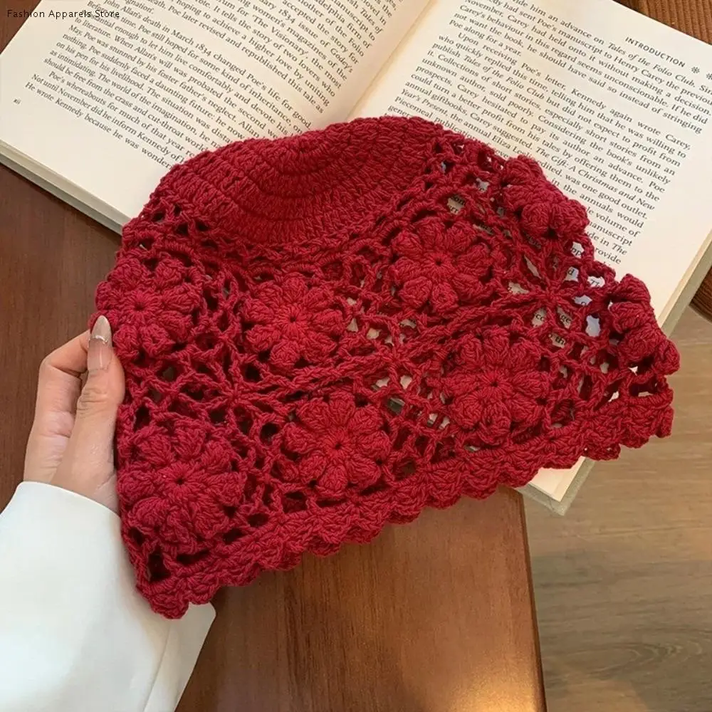 

Ethnic Handmade Crochet Flower Hat Weave Y2k Knit Basin Caps Women Hollow Beanies Cap Outdoor