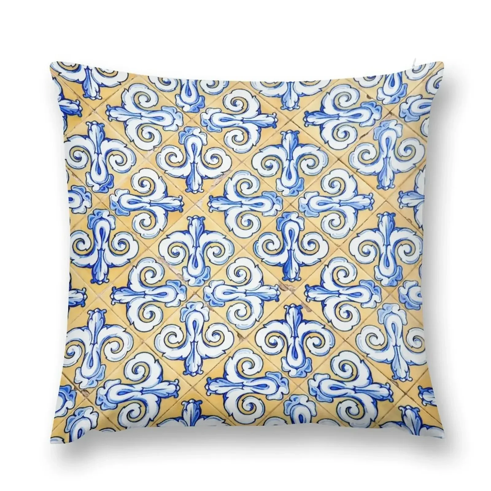 Spanish Tiles - Azulejo Blue, Yellow and White Motif Design Throw Pillow Cushions Cover Pillowcase pillow