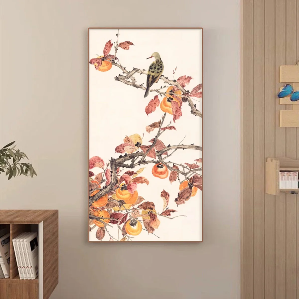 Persimmons and Bird Chinese Canvas Painting, Autumn Leaves Bird FlowersTraditional Auspicious Wall Art Prints, Home Decor Poster