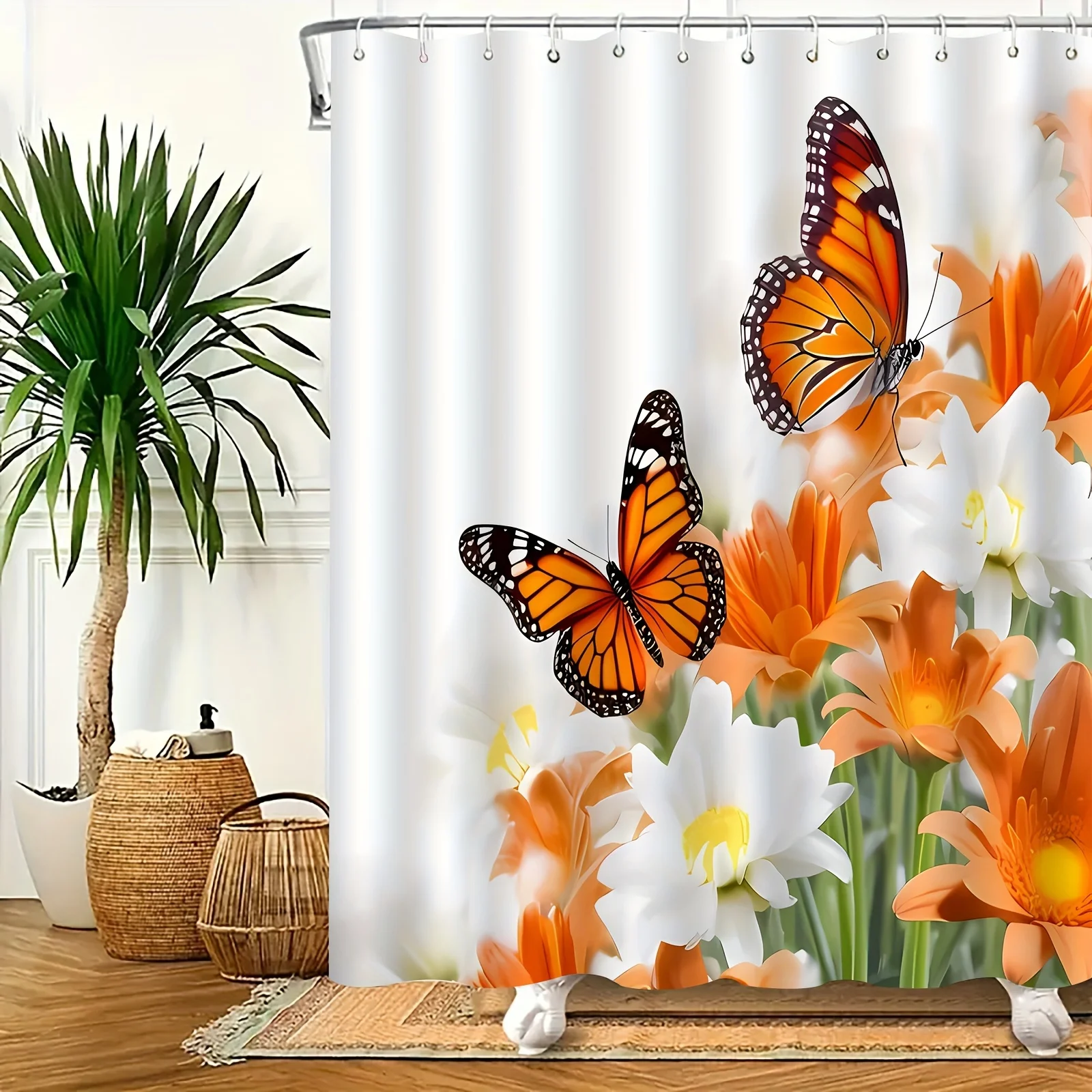 

Занавеска для душа с бабочками и цветами, оранжевый монарх, бабочки, белые лилии, красочный дизайн сада, декор для ванной комнаты, тема природы