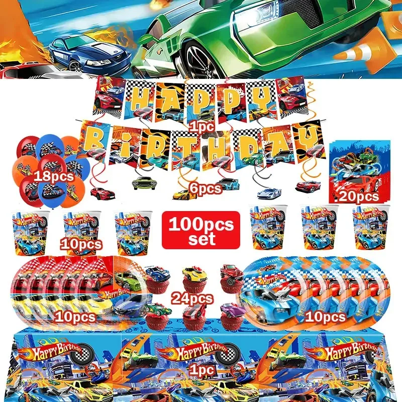 Décorations de fête d'anniversaire Happy Wheels : Gobelets, assiettes, nappes, ballons voiture de course, bannière Joyeux Anniversaire, cadeaux pour enfants et garçons