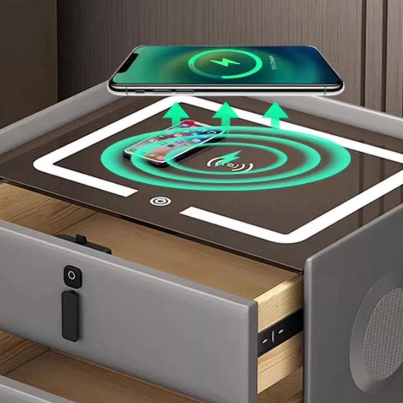 طاولة جانبية لغرفة النوم تعمل باللمس، تصميم ضوء LED، شحن ذكي، منضدة بجانب السرير، طاولة لاسلكية #4