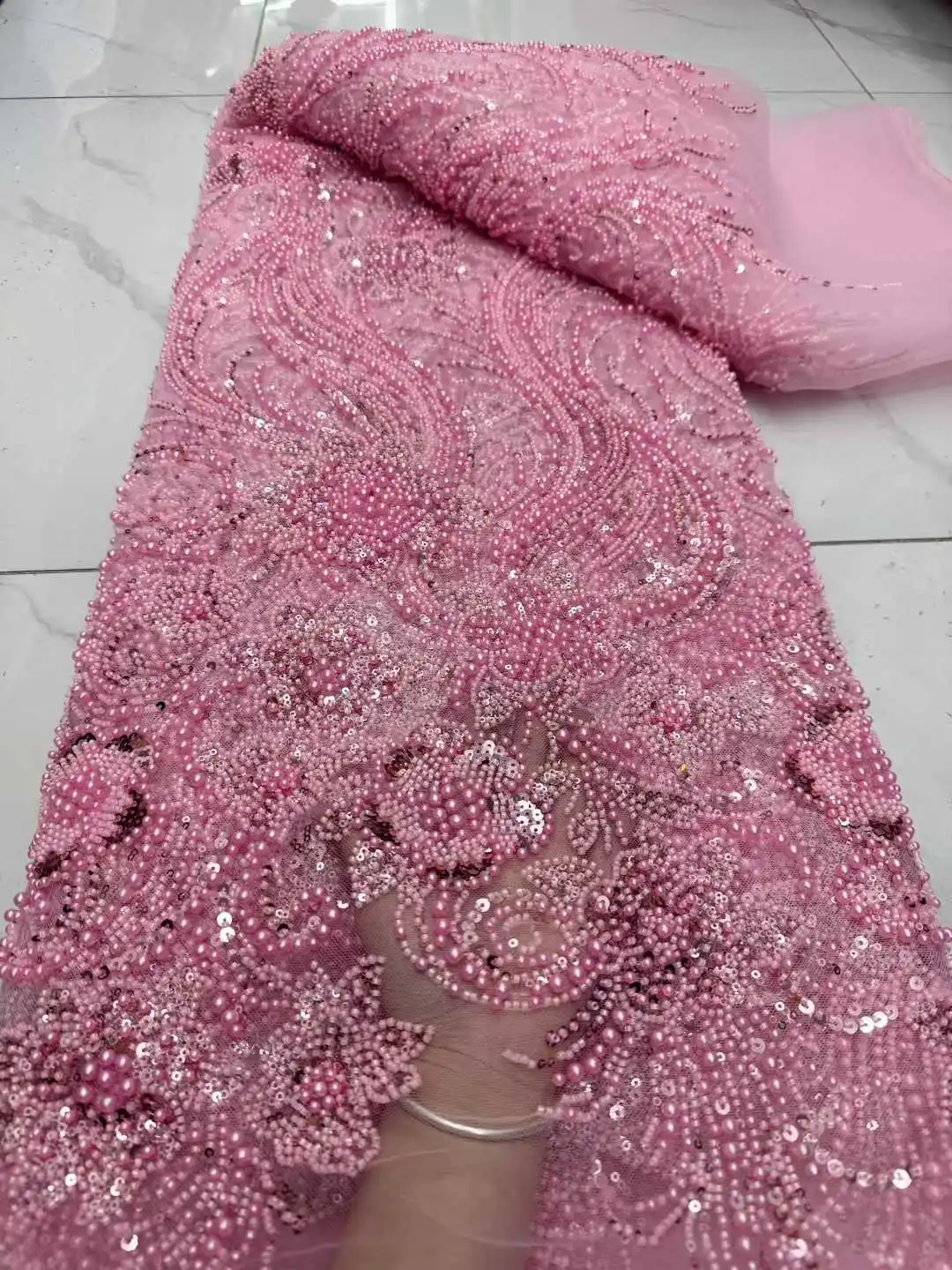 

Luxury African Heavy Beads Lace Fabric 2025 High Quality 5 Yards Nigerian Sequins French Tulle Fabric Material For Wedding Party