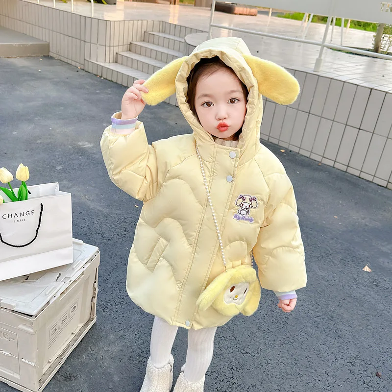 Sanrios My Melody Cinnamoroll Kuromi Kids White Duck Down Jacket Velvet Thickened Jackets Winter Baby Cartoon Cotton Parka Coats