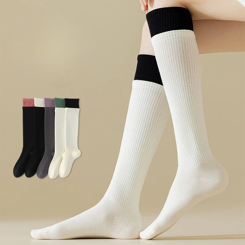 

Knee Socks Stockings Women College Style Solid Color School Girls Long Socks Autumn Winter Fashion Knitted Cotton Women Stocking