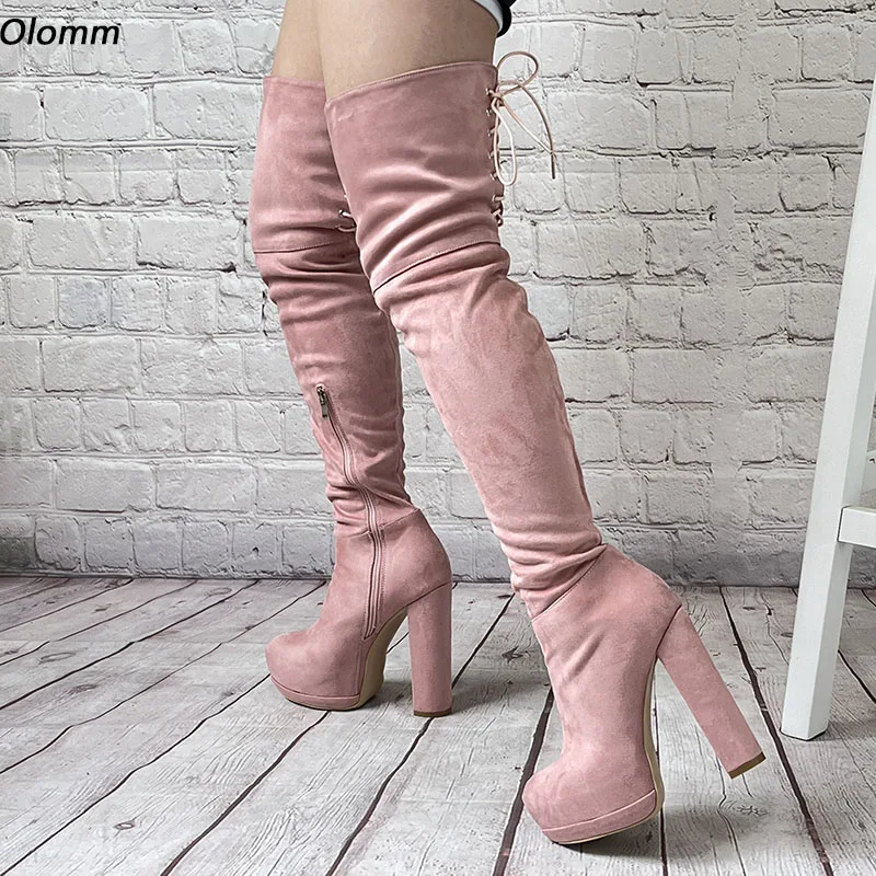 

Olomm Women Winter Over The Knee Boots Faux Suede Chunky Heels Round Toe Beautiful Pink Party Shoes Plus US Size 5-20