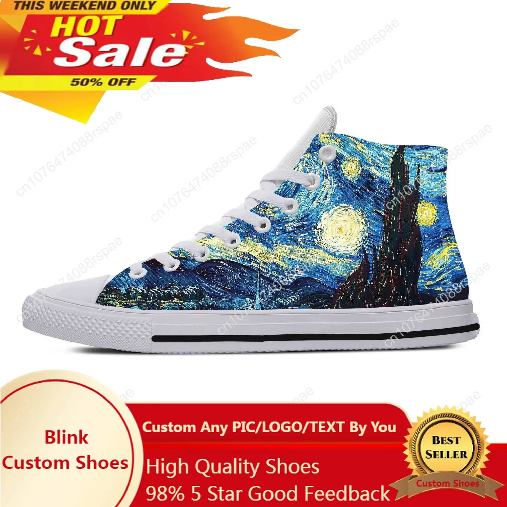 

Vincent Van Gogh Starry Night Oil Painting Funny Casual Cloth Shoes High Top Comfortable Breathable 3D Print Men Women Sneakers