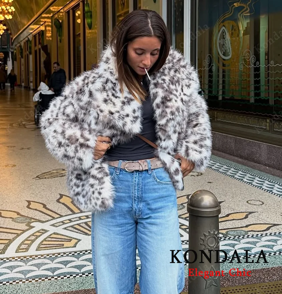 معطف KONDALA للسيدات لخريف وشتاء الفهد مطبوع عليه الفرو معطف فرو صناعي بطية صدر السترة 2025 معطف نسائي أنيق ودافئ أنيق
