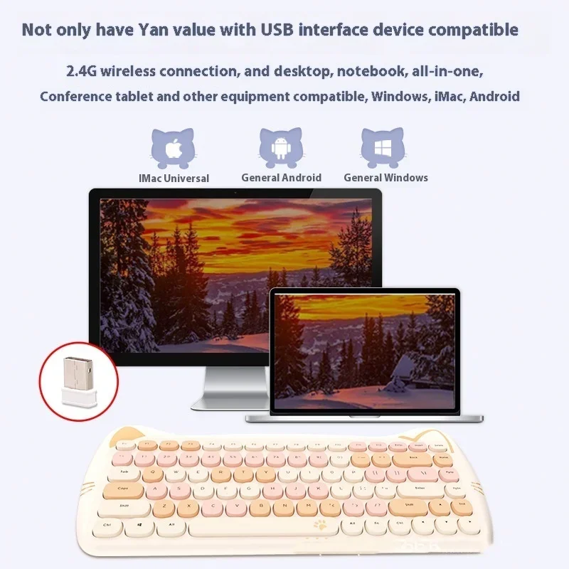 Bonito Conjunto de Teclado e Mouse Sem Fio, Rosa, Roxo, Laranja, Gato Kawaii, Combos de Teclado para Laptop, PC, Casa, Escritório, 2.4g