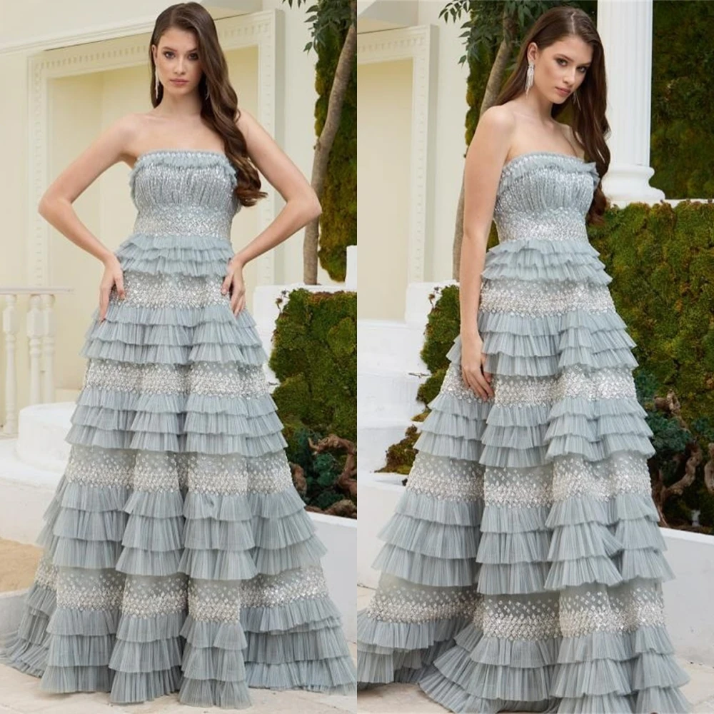 فستان سهرة فاخر مخصص بدون حمالات من التول فساتين كلاسيكية متدرجة لحفلات العودة للوطن بدون أكمام فساتين مناسبة مخصصة