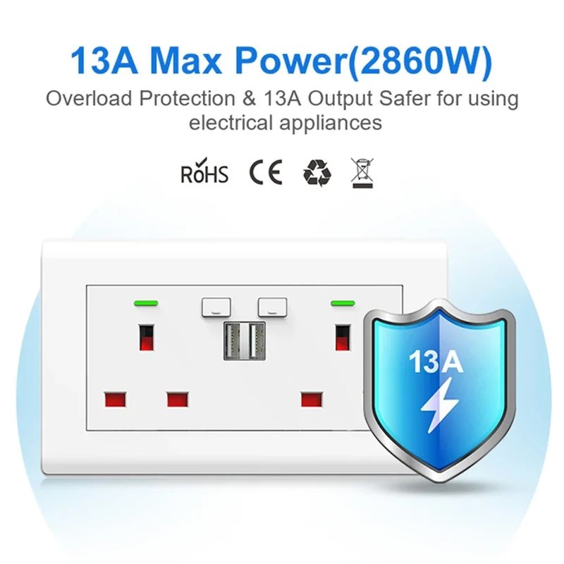 Tuya Smart UK Wall Socket with Dual USB Charge Ports 13A Double Electrical Plug Outlet Voice Remote Control Alexa Google Home