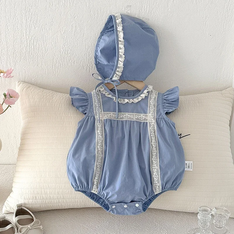 2026 New Summer Infant Baby Girls Bodysuits+Hat Flying Sleeve Cotton Splicing Toddler Baby Jumpsuit 0-24M Baby Girl Clothing