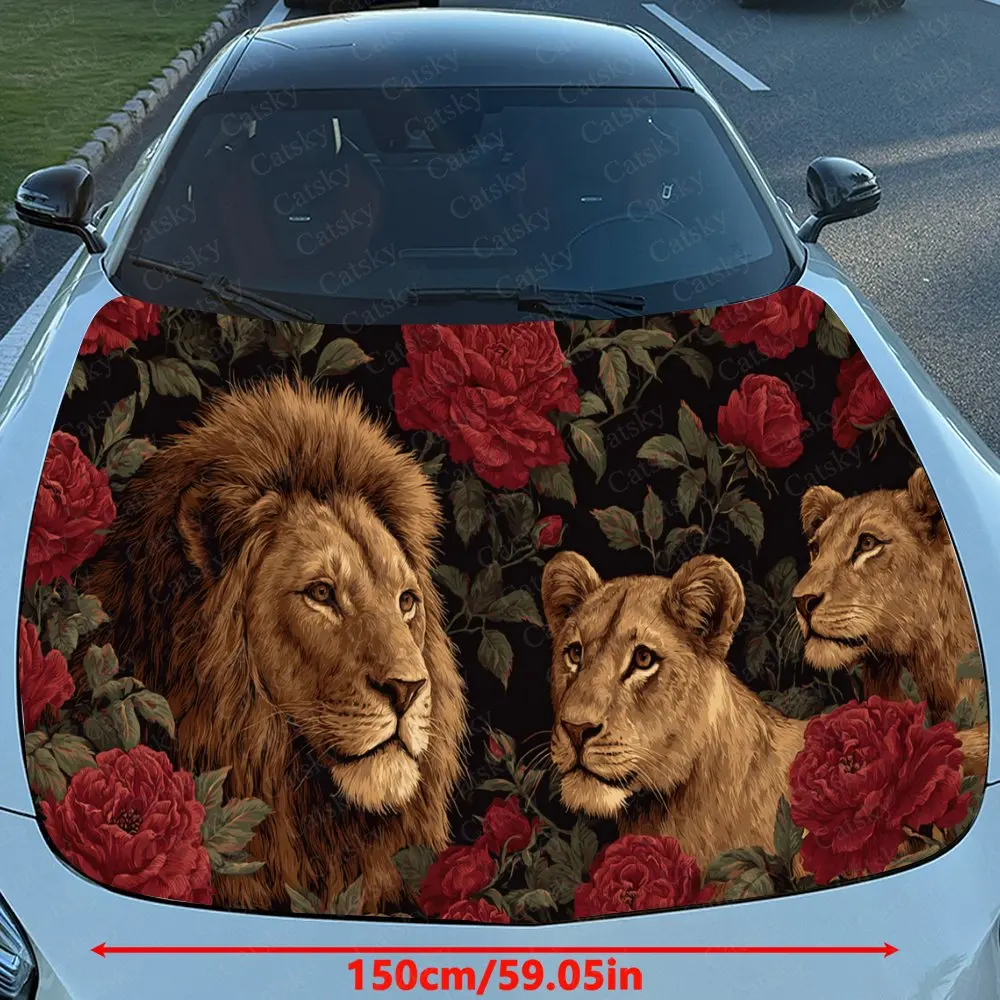 Car Decal Lion Pair in Red Rose Bouquet with Textured Art Element, Creating a Bold and Regal Visual Car Hood Sticker, Waterproof