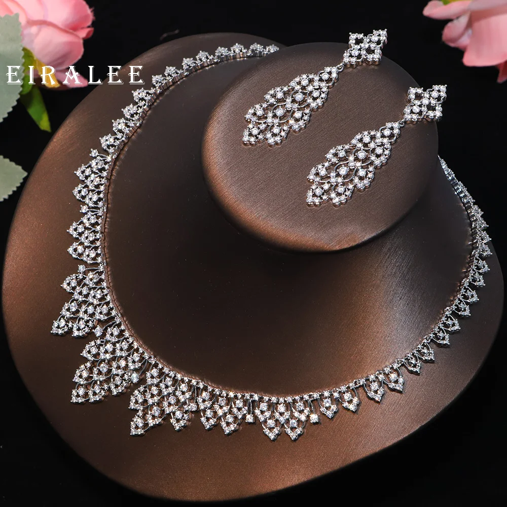 

Стильный комплект ожерелья и серег 40 см для женщин, 2 шт., украшения для свадебной вечеринки, полный циркон, Дубай, свадебный подарочный набор