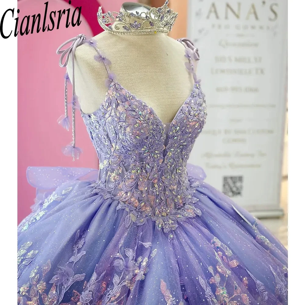 

Lilac Spaghetti Strap Sequined Appliques Bow Ball Gown Quinceanera Dresses Glitter Crystal Beading Corset Vestidos De 15 Años