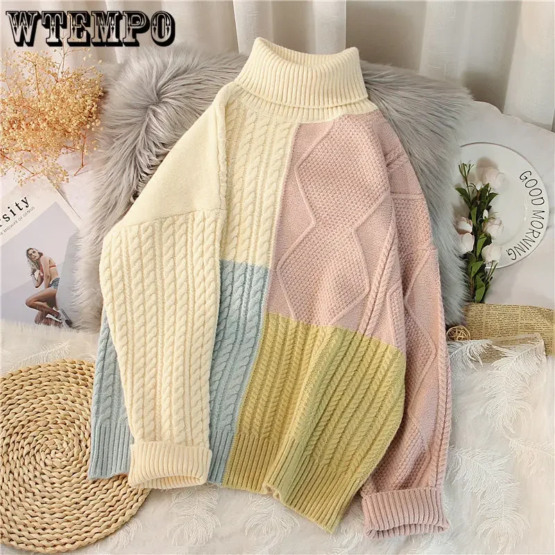 

WTEMPO Women's Long Sleeve Colorblock Cable Sweater Turtleneck Pullover Jumper Patchwork Knitwear Fall Winter Knitting Tops