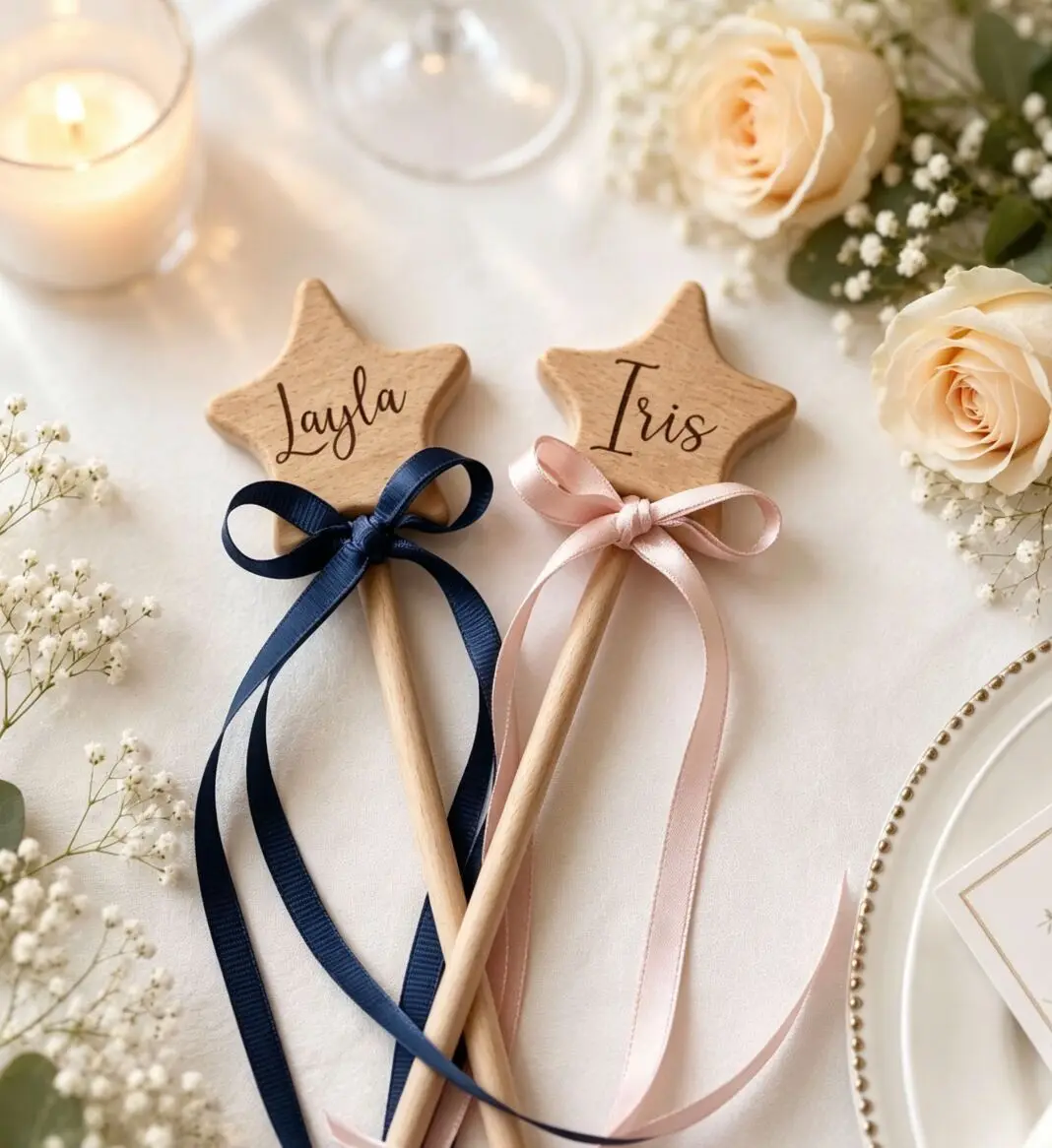 2pcs Custom Engraved Wooden Star Wand, Personalized Name Wood Fairy Wand with Satin Ribbon, Keepsake Gift for Celebration Party