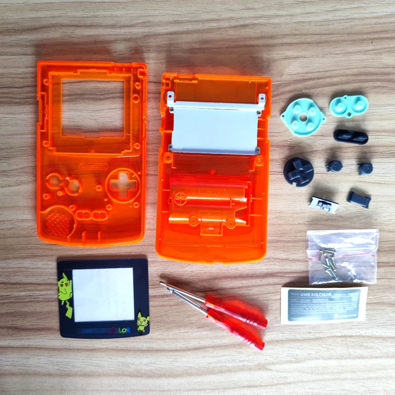 غلاف برتقالي شفاف لهاتف نينتندو دي GBC GameBoy مجموعة كاملة من الألوان مع أزرار أزرار ملونة وأوراق موصلة