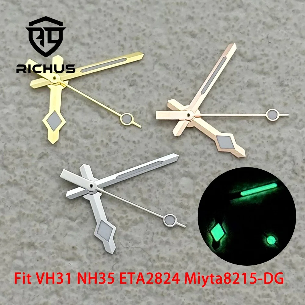RICHUS Rose Gold Silver Watch Hands Set Luminous Green for NH35 NH36 Miyota8215 2824 VH31 Movement Watch Repair Accessories