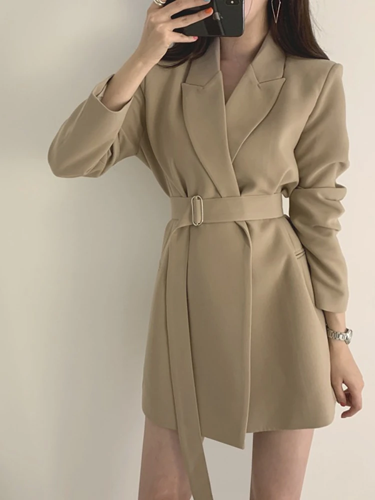 

Spring Solid Color Mid Long Suit Jackets Retro Belt Suit Korean Version Casual Temperament Suit Autumn Slim Women's Blazer Tops