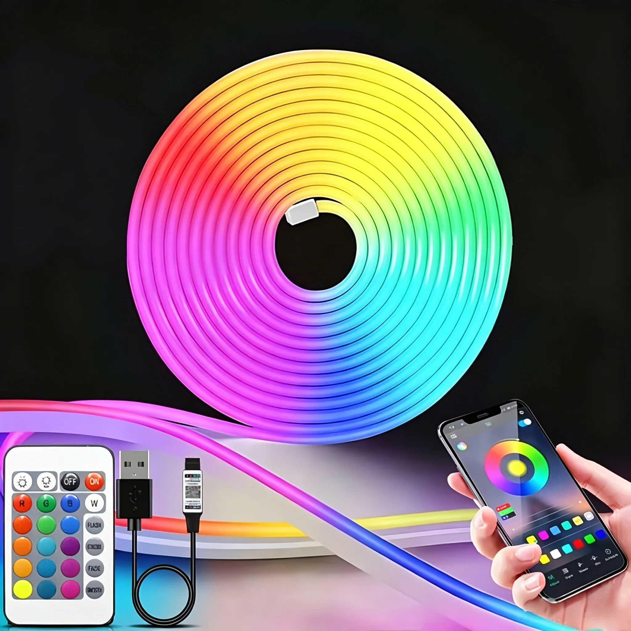 1 Roll of Rgb Color-Changing Flexible Neon Led Light Strip, with 24-Key Multifunctional Remote Control, Bluetooth Sound Pickup Function, App Control, Can Control Light Colors, Lights Can Dance Along the Music Rhythm, S