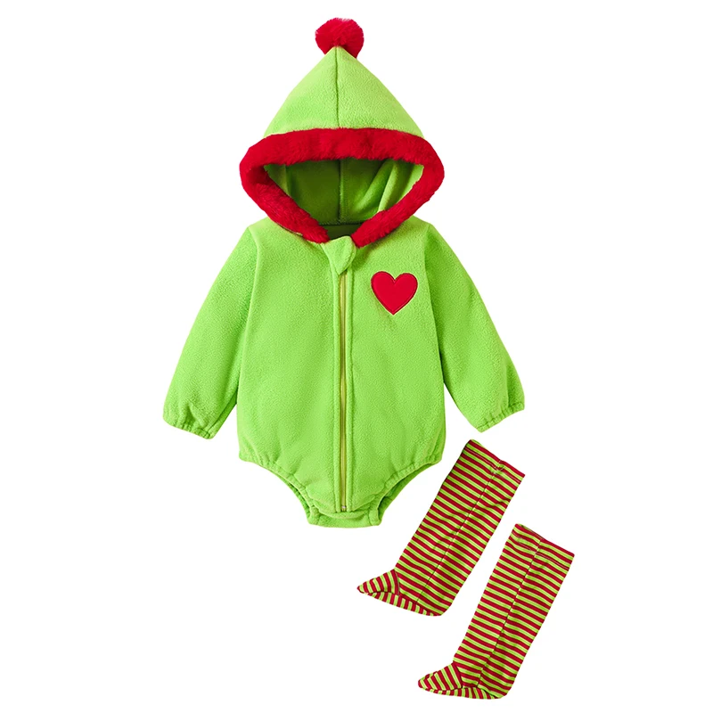 

Baby Zip Up Hooded Romper Christmas Tree Terry Trim Long Sleeve Fall Jumpsuit Striped Socks Outfits