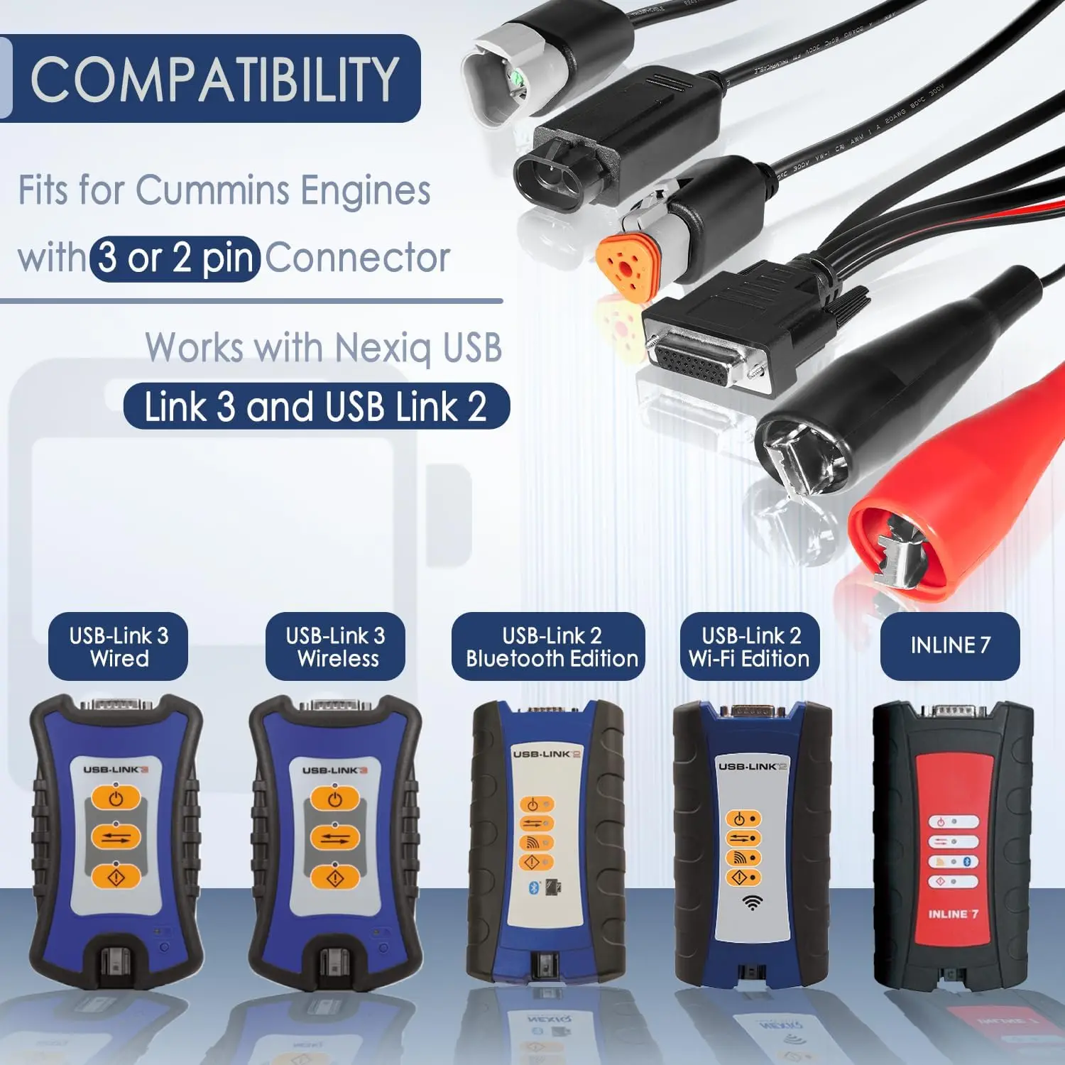 3-Pin Diagnostic Adapter Cable for Nexiq USB Link 2/3, Fits Cummins Engines with 2/3 Pin Connector