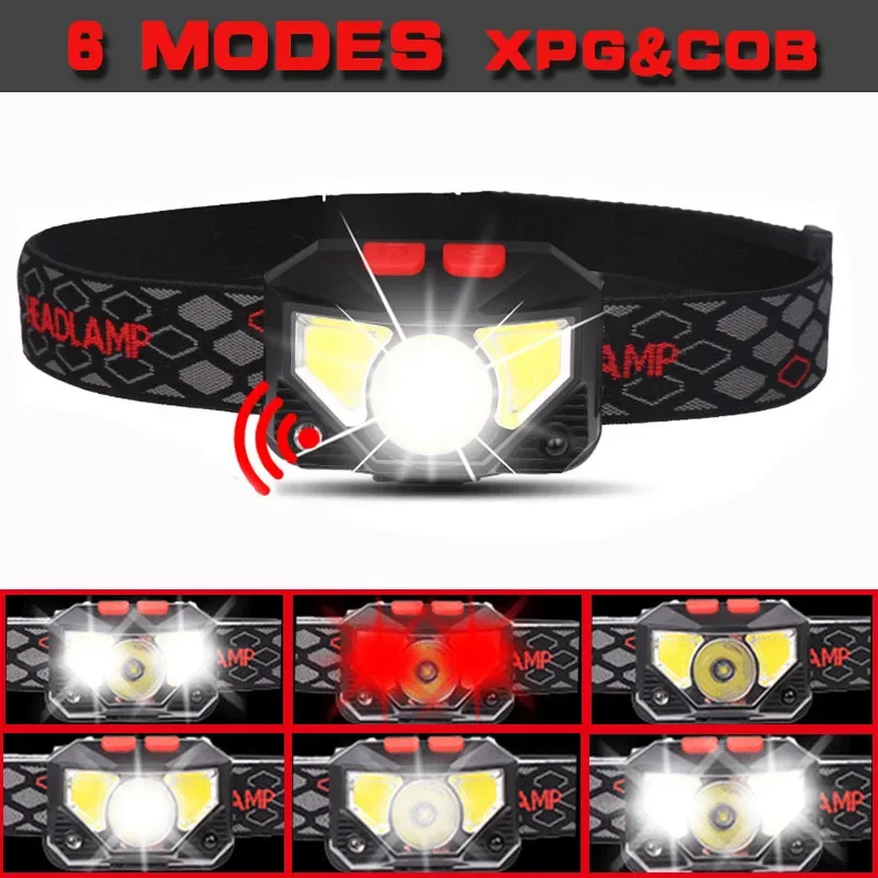 6 Modes Motion Sensor XPE+COB LED Headlamp Flashlight USB Rechargeable Waterproof Camping Head lamp Running Fishing headlight