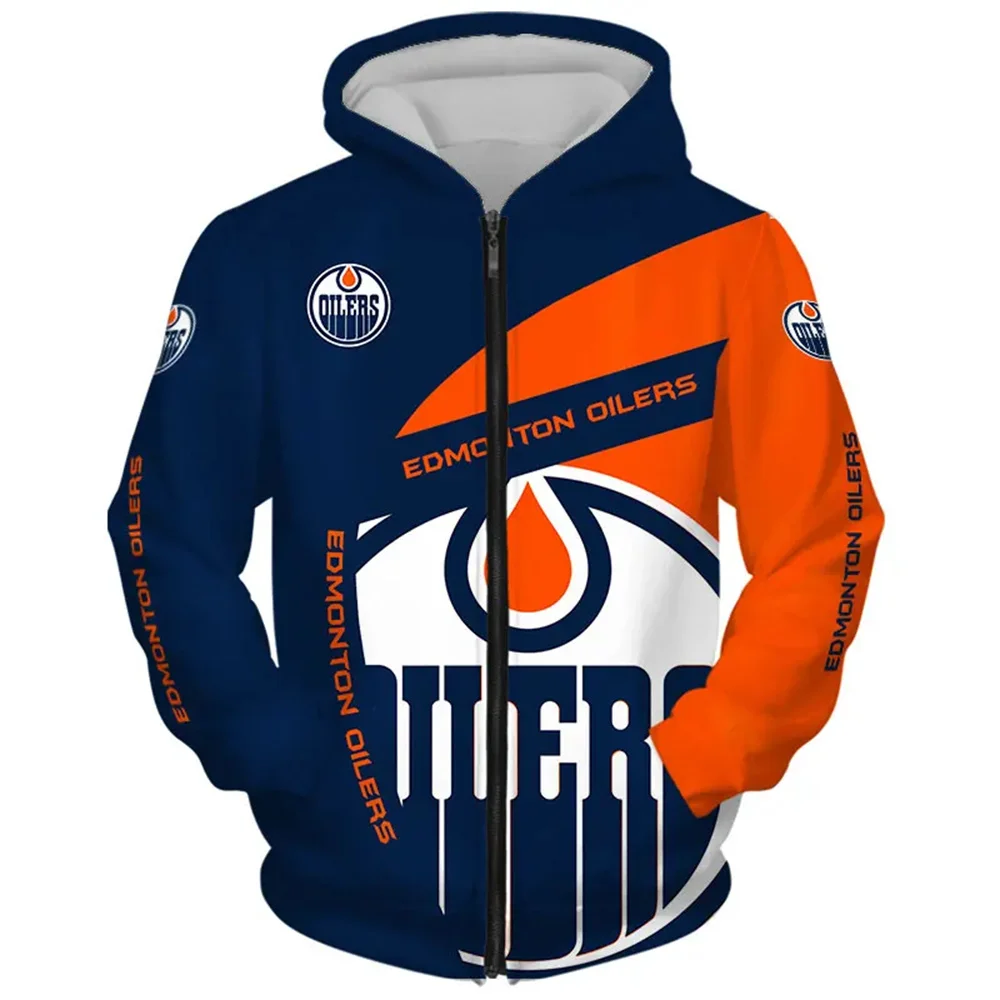 Edmonton moda masculina manga longa 3d oilers zip hoodies azul laranja costura divertido carta padrão lua impressão moletom