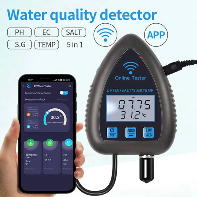 Enchufe inteligente estadounidense, Wifi Bluetooth 5 en 1 Probador de Calidad del Agua TDS/EC/SALT PH S.G.TEMP Monitor de Agua Digital para acuarios