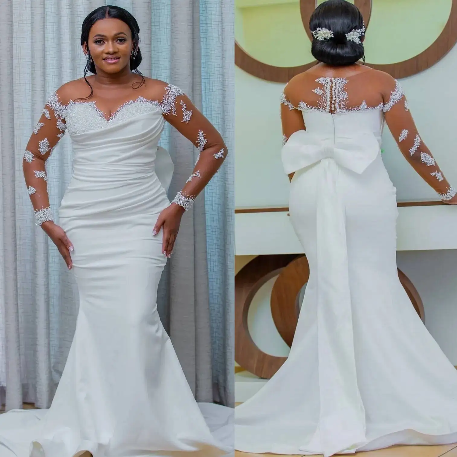 

2025 Arabic Aso Ebi Plus Size Off White Mermaid Wedding Dresses Pearls Beaded Bow Satin Sheer Neck Bridal Gowns Dress For Brides