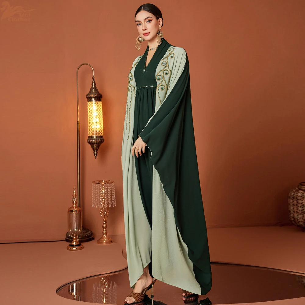 

Eid Muslim Dress Women Abaya Diamond Beading V Neck Ramadan Party Long Dresses Vestidos Largos Caftan Jalabiya Dubai Arab Robe